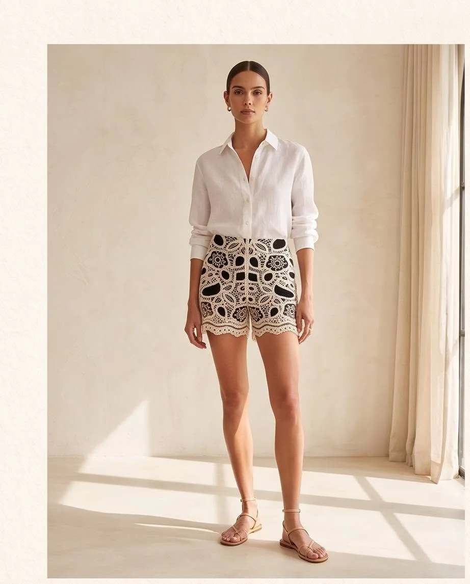 csipkés női rövidnadrág, áttört mintás shorts, elegáns női shorts, hímzett rövidnadrág, krém fekete shorts, prémium női nadrág, alkalmi rövidnadrág, magasderekú shorts.