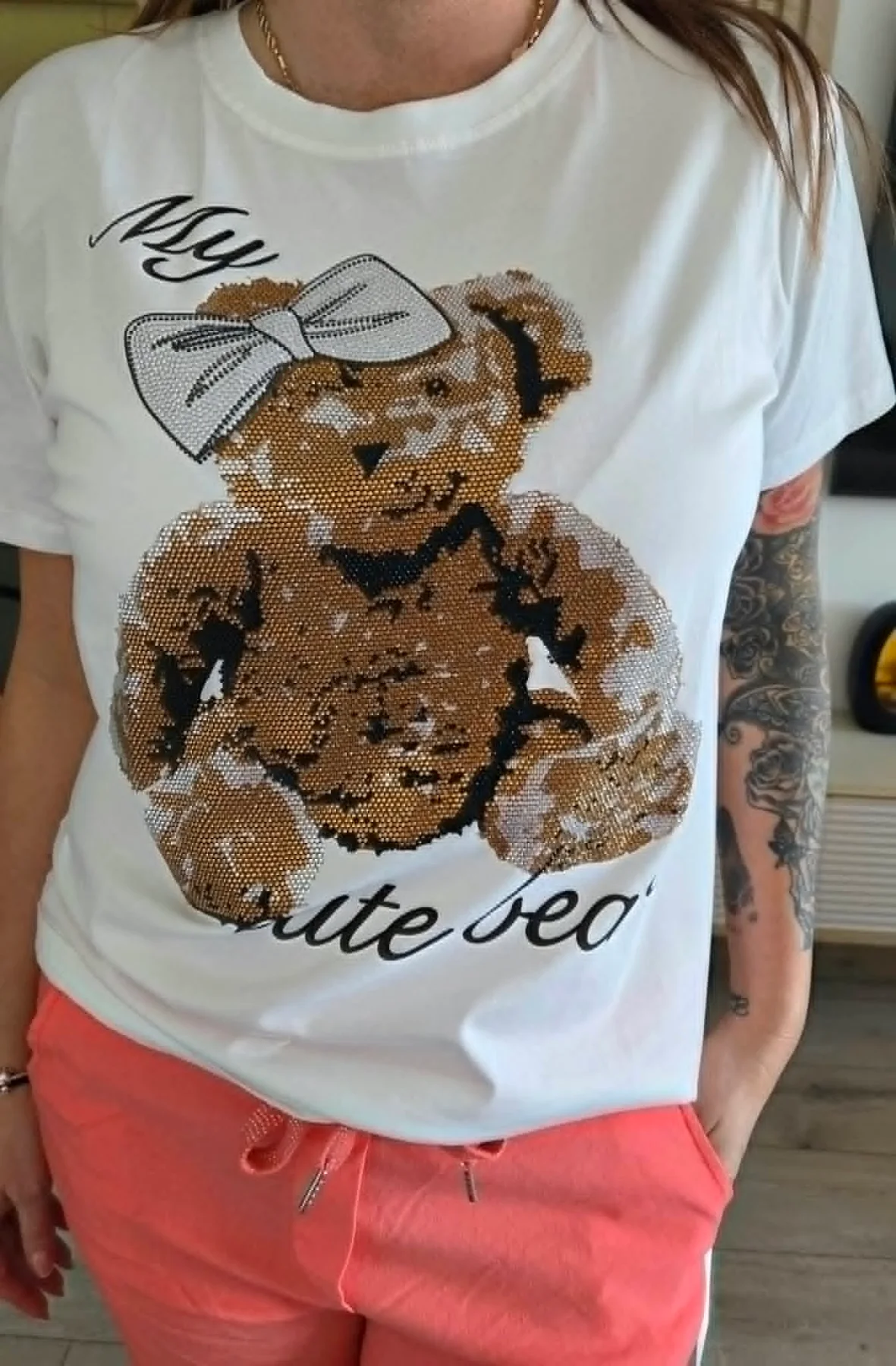 strasszos póló, macis női póló, csillogó köves felső, "My cute bear" póló, pamut női póló, Alex & Francesca póló, fekete strasszos póló, fehér macis felső.
